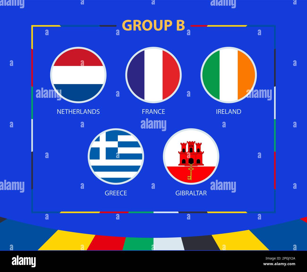 Circle flags of Group B. Participants of qualifying European football tournament 2024. Football vector background. Stock Vector