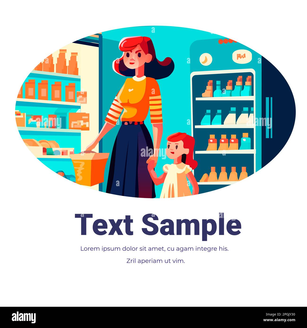 mother and little daughter shopping at supermarket with products in