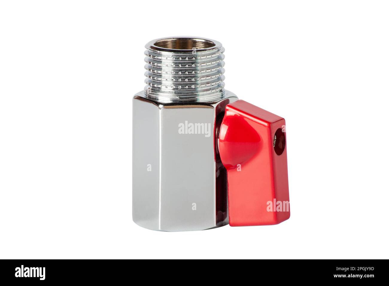 Water ball faucet with red valve isolated on white background. Brass