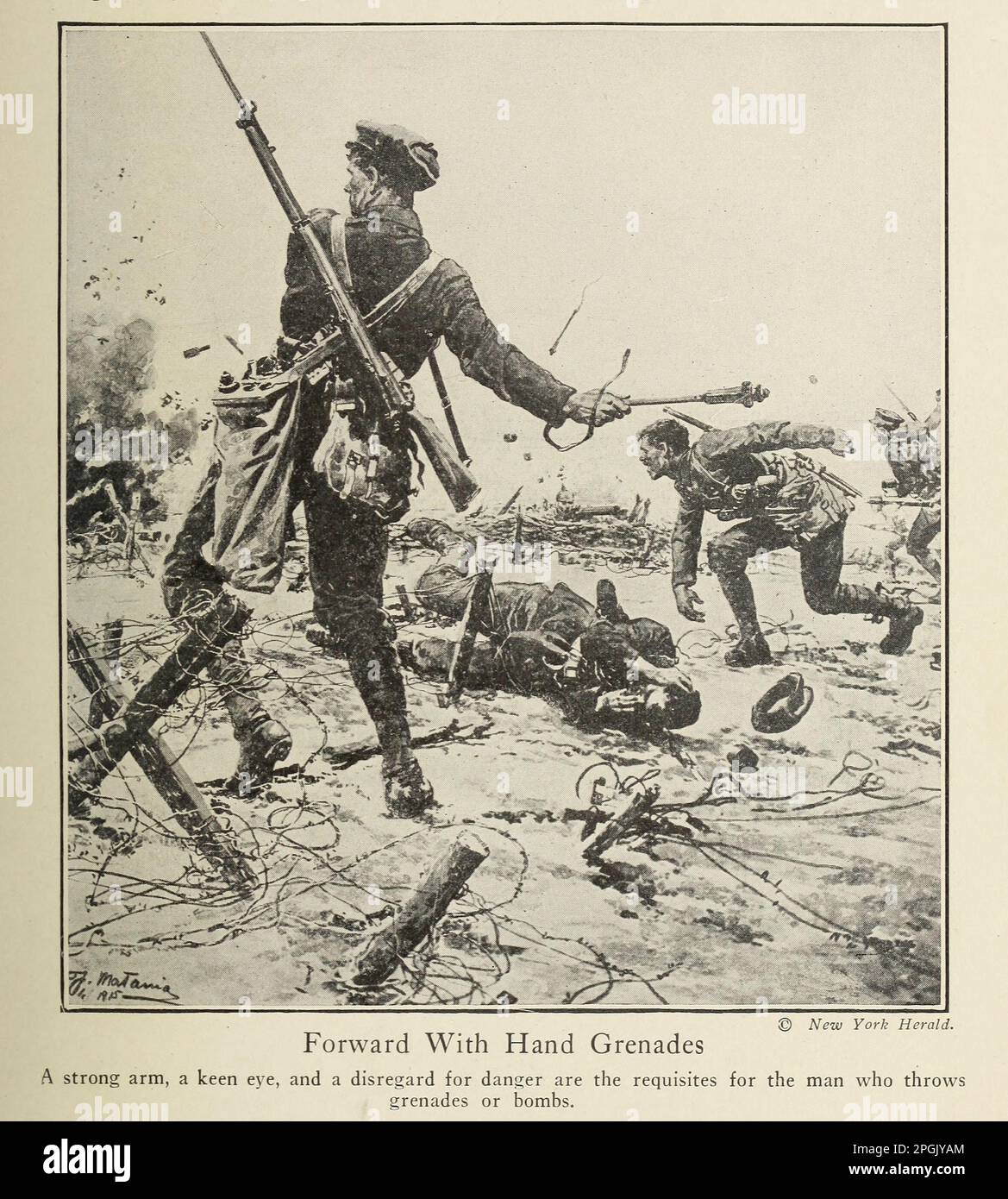 Forward With Hand Grenades A strong arm, a keen eye, and a disregard for danger are the requisites for the man who throws grenades or bombs from the book ' Deeds of heroism and bravery : the book of heroes and personal daring ' by Elwyn Alfred Barron and Rupert Hughes,  Publication Date 1920 Publisher New York : Harper & Brothers Publishers Stock Photo