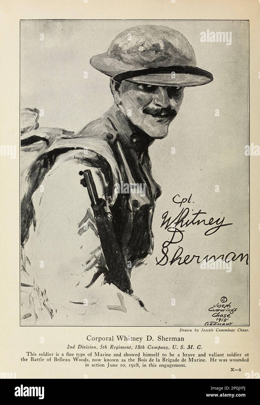 Corporal Whitney D. Sherman 2nd Division, 5th Regiment, 18th Company, U, S. M. C. This soldier is a fine type of Marine and showed himself to be a brave and valiant soldier at the Battle of Belleau Woods, now known as the Bois de la Brigade de Marine. He was wounded in action June lO, 1918, in this engagement. from the book ' Deeds of heroism and bravery : the book of heroes and personal daring ' by Elwyn Alfred Barron and Rupert Hughes,  Publication Date 1920 Publisher New York : Harper & Brothers Publishers Stock Photo