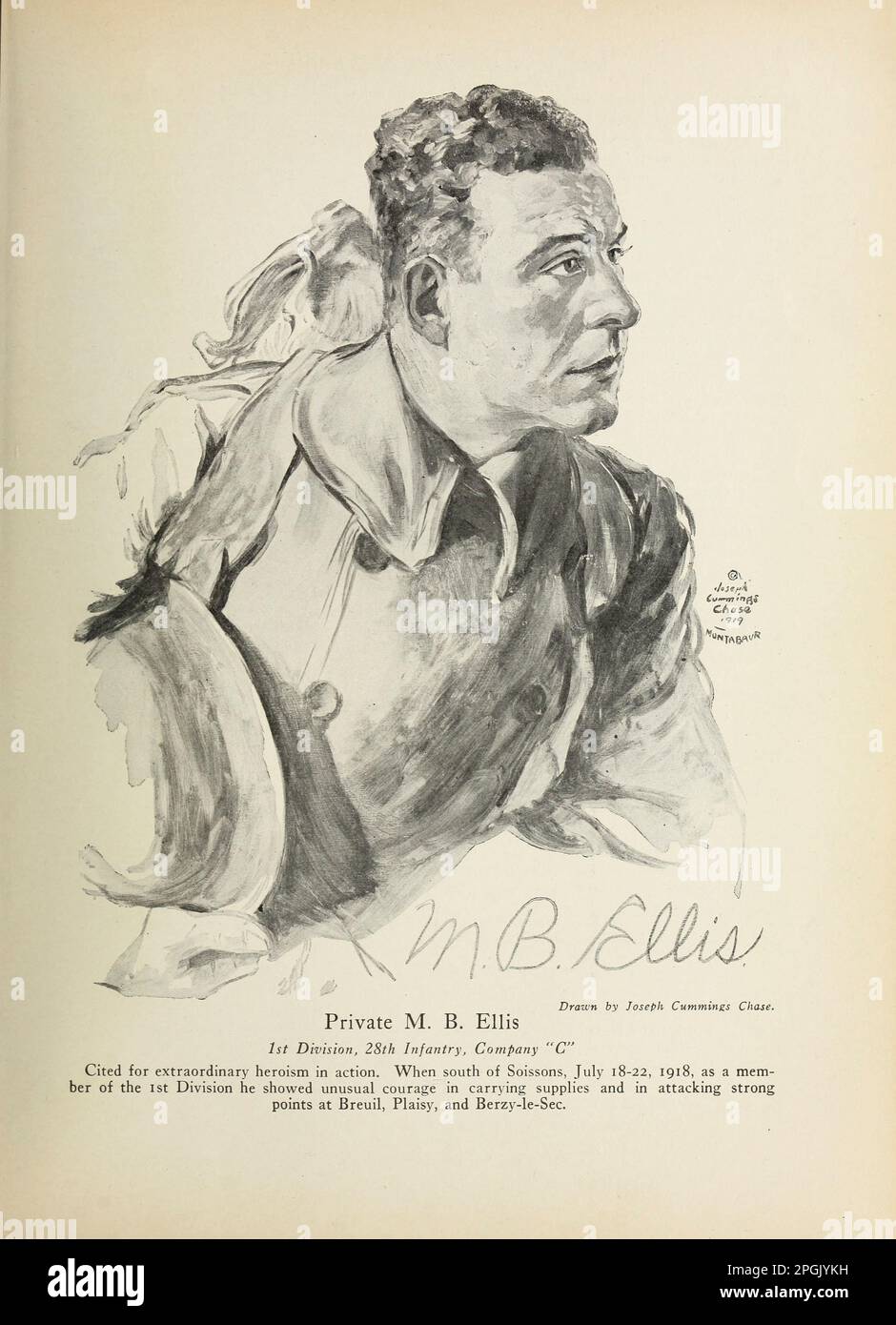 Private M. B. Ellis 1st Division, 28th Infantry, Company 'C' Cited for extraordinary heroism in action. When south of Soissons, July 18-22, 1918, as a member of the 1st Division he showed unusual courage in carrying supplies and in attacking strong points at Breuil, Plaisy, and Berzy-le-Sec from the book ' Deeds of heroism and bravery : the book of heroes and personal daring ' by Elwyn Alfred Barron and Rupert Hughes,  Publication Date 1920 Publisher New York : Harper & Brothers Publishers Stock Photo
