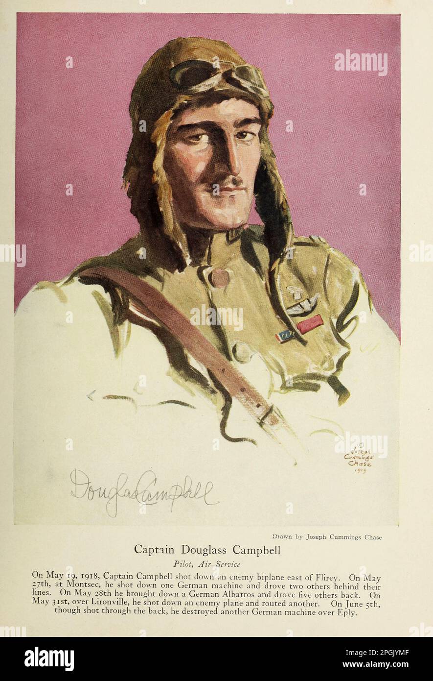 Captain Douglass Campbell Pilot, Air Service On May 19 1918 Campbell shot down an enemy biplane east of Flitey. On May 27th at Montasec he shot down one German machine and drove two others behind their lines  from the book ' Deeds of heroism and bravery : the book of heroes and personal daring ' by Elwyn Alfred Barron and Rupert Hughes,  Publication Date 1920 Publisher New York : Harper & Brothers Publishers Stock Photo