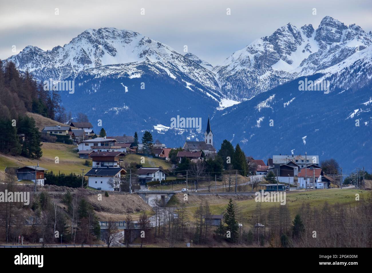 Beautiful view on little mountainous village, Seefeld in Tirol is an old farming village, major tourist resort in Innsbruck-Land District in Austria, Stock Photo
