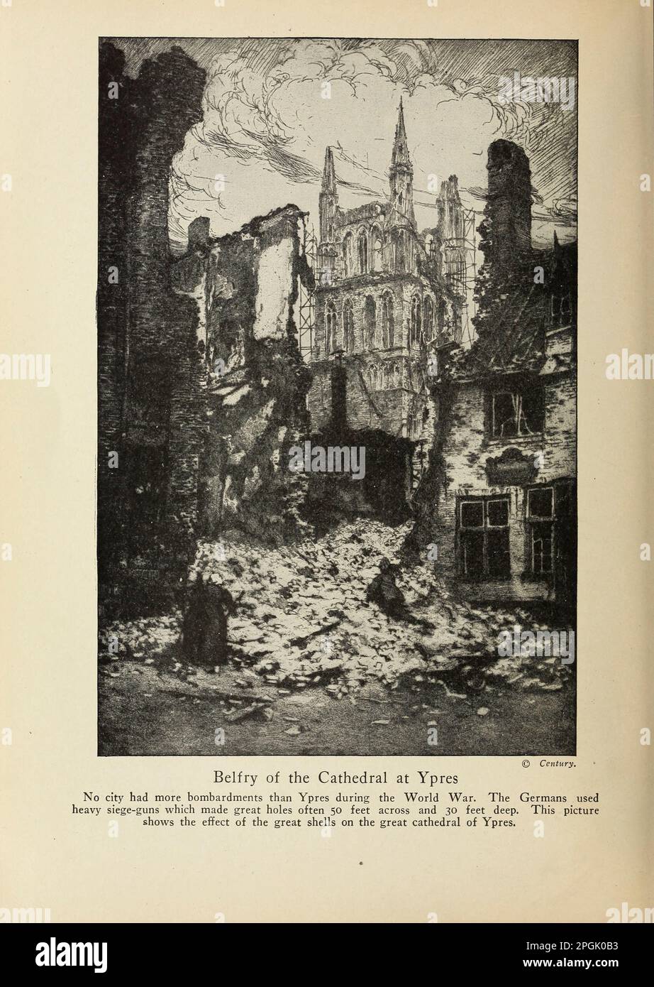 Belfry of the Cathedral at Ypres No city had more bombardments than Ypres during the World War. The Germans used heavy siege-guns which made great holes often 50 feet across and 30 feet deep. This picture shows the effect of the great shells on the great cathedral of Ypres from the book ' Deeds of heroism and bravery : the book of heroes and personal daring ' by Elwyn Alfred Barron and Rupert Hughes,  Publication Date 1920 Publisher New York : Harper & Brothers Publishers Stock Photo