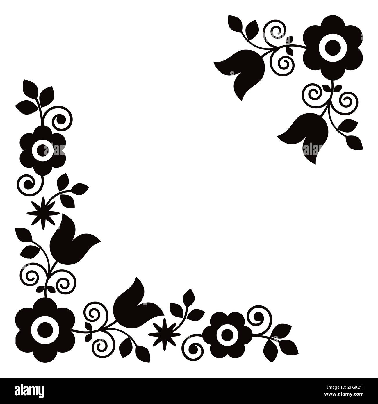 Polish traditional folk art vector corner black and white design set with flowers perfect for greeting card or wedding invitation Stock Vector