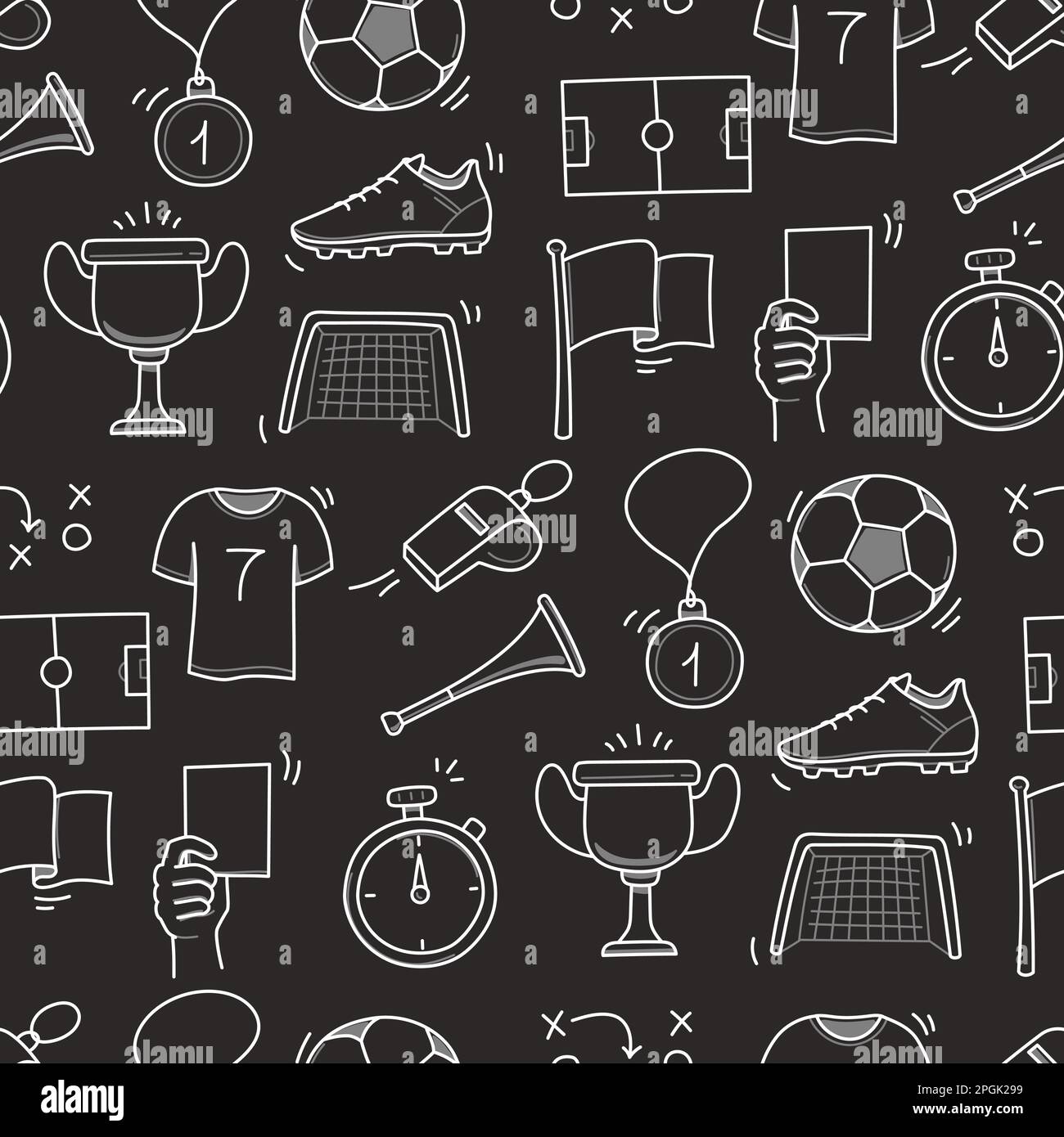 Soccer doodle seamless pattern. Football goal, award cup, whistle hand