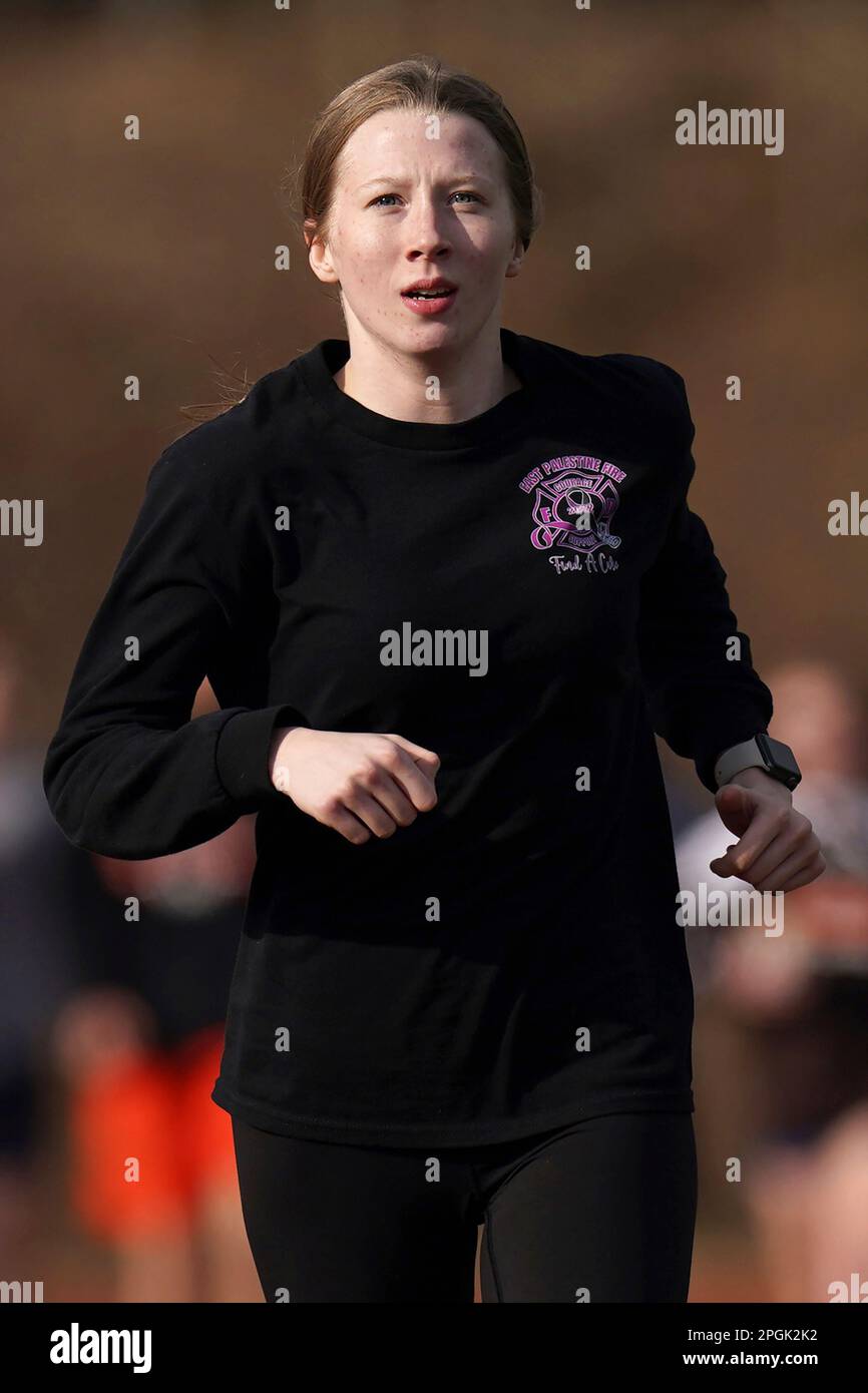 East Palestine High School senior Mia Lee trains for track, Monday, March 6, 2023, in East