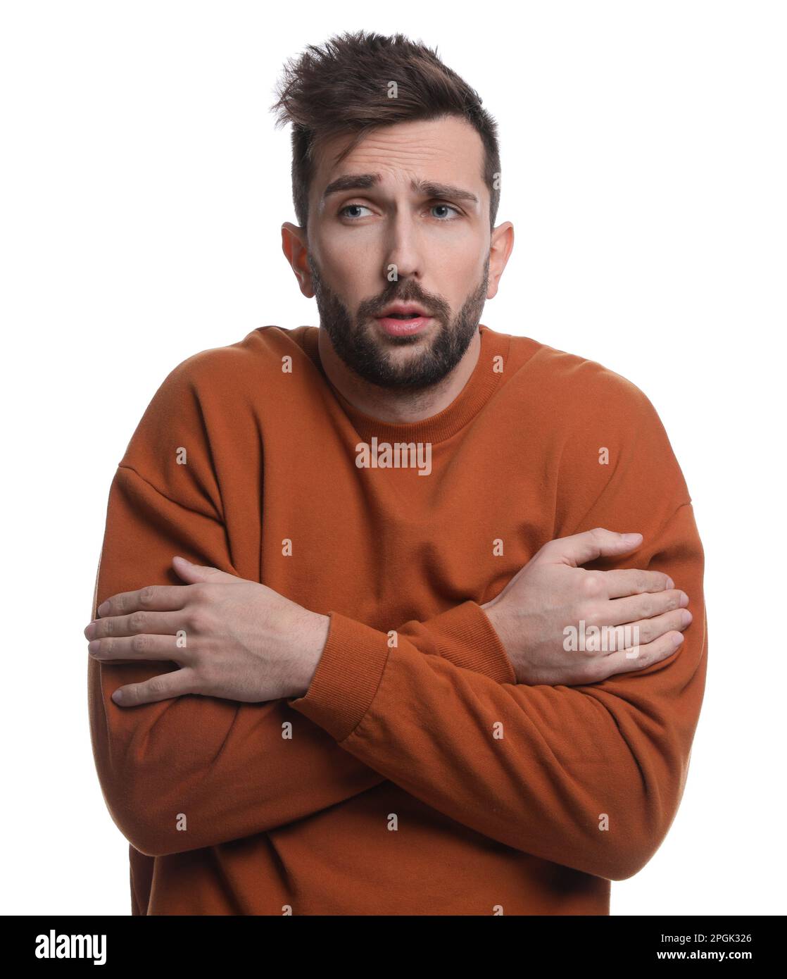 Man suffering from fever on white background. Cold symptoms Stock Photo