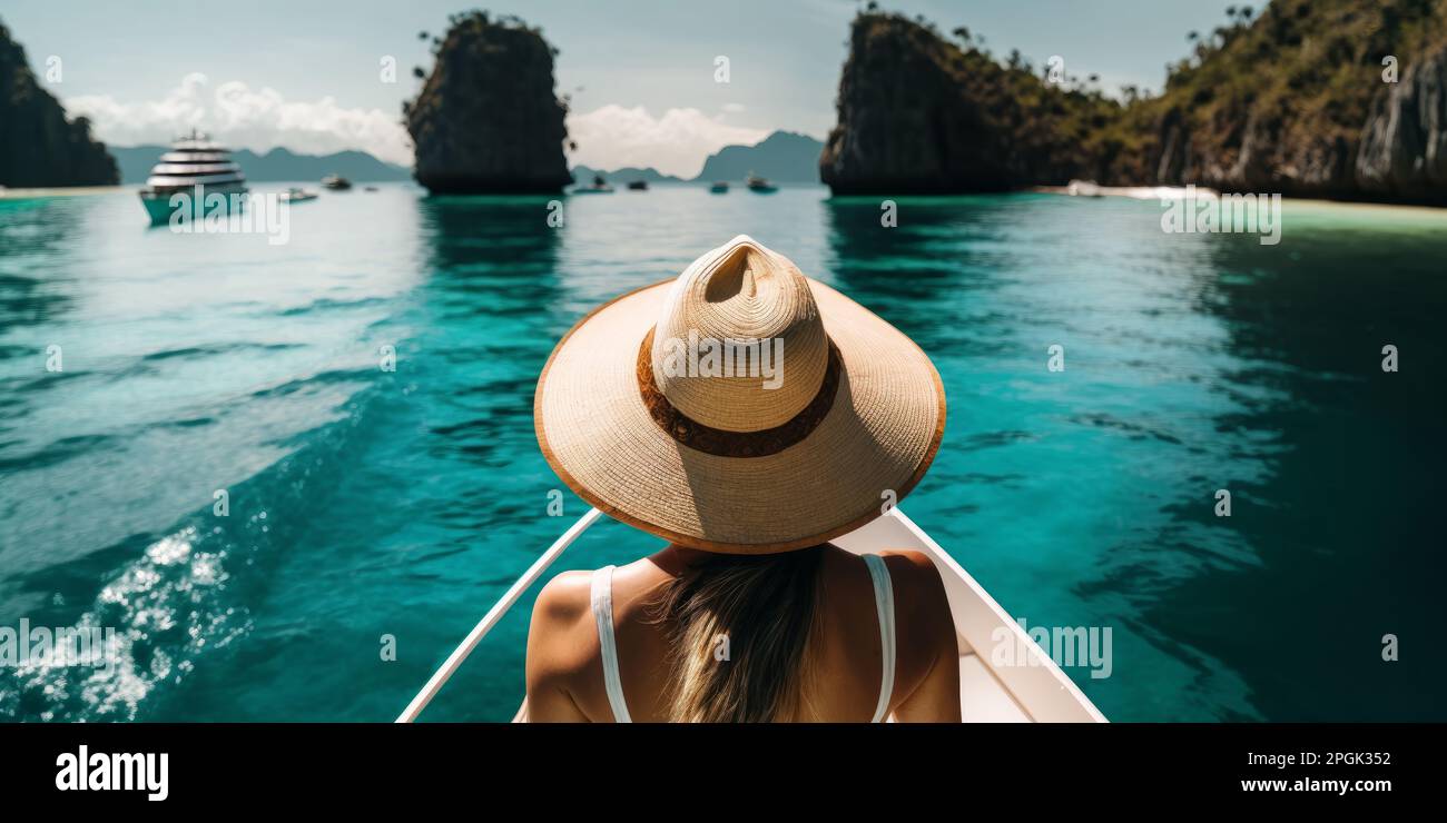 view from behind woman relaxing on a luxury boat on a tropical vacation. Generative ai Stock Photo