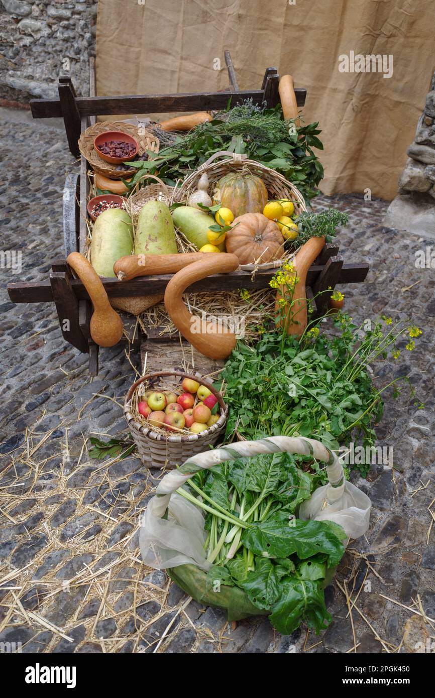 Fruit and vegetable stall at a medieval market Stock Photo Alamy