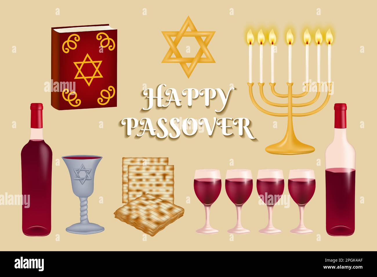 Set features a collection of Jewish symbols for the holiday of Happy Passover. Star of David, matzah, red wine, kiddush cup, haggadah, and hanukkiah m Stock Vector