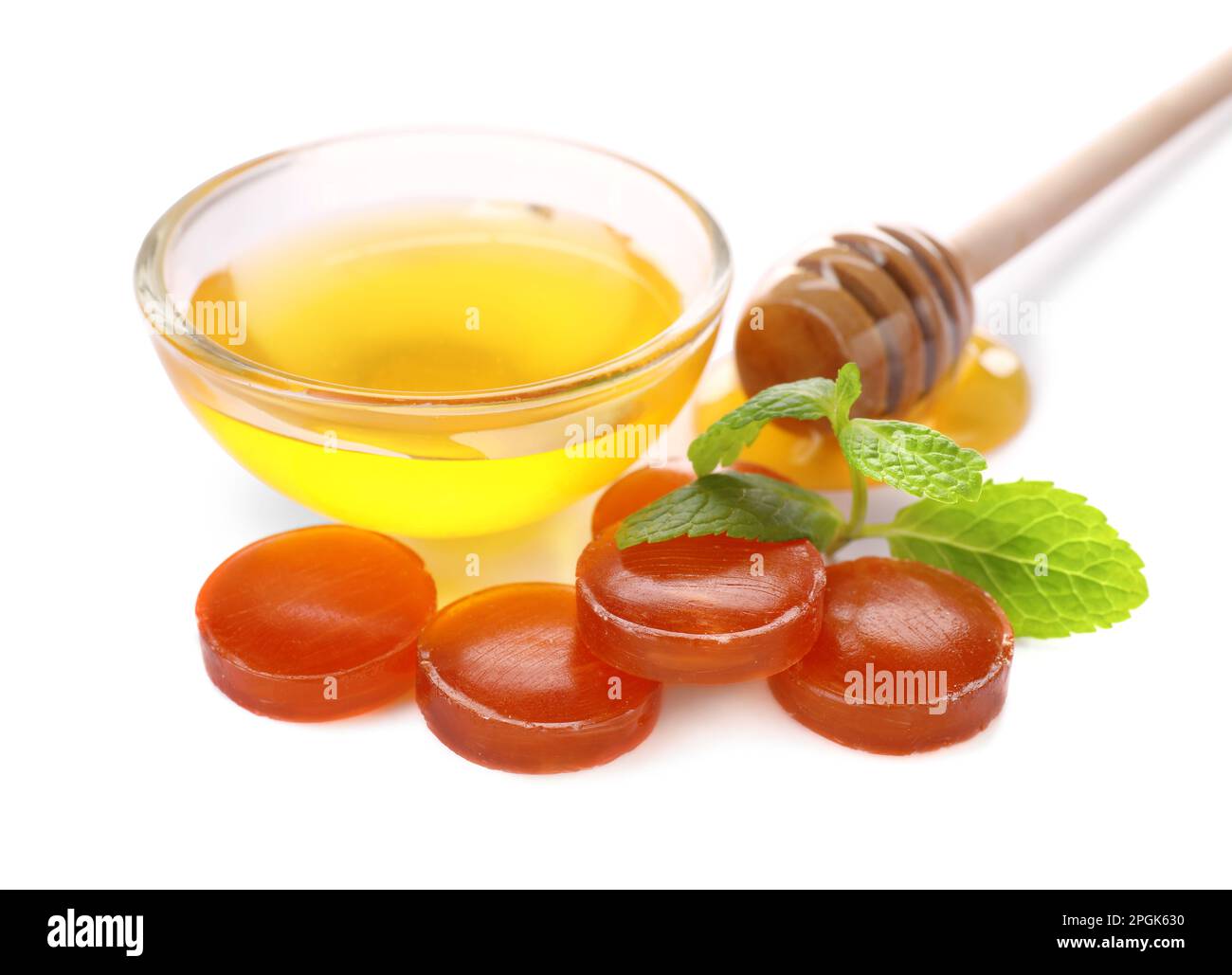 Many color cough drops, mint and honey on white background Stock Photo