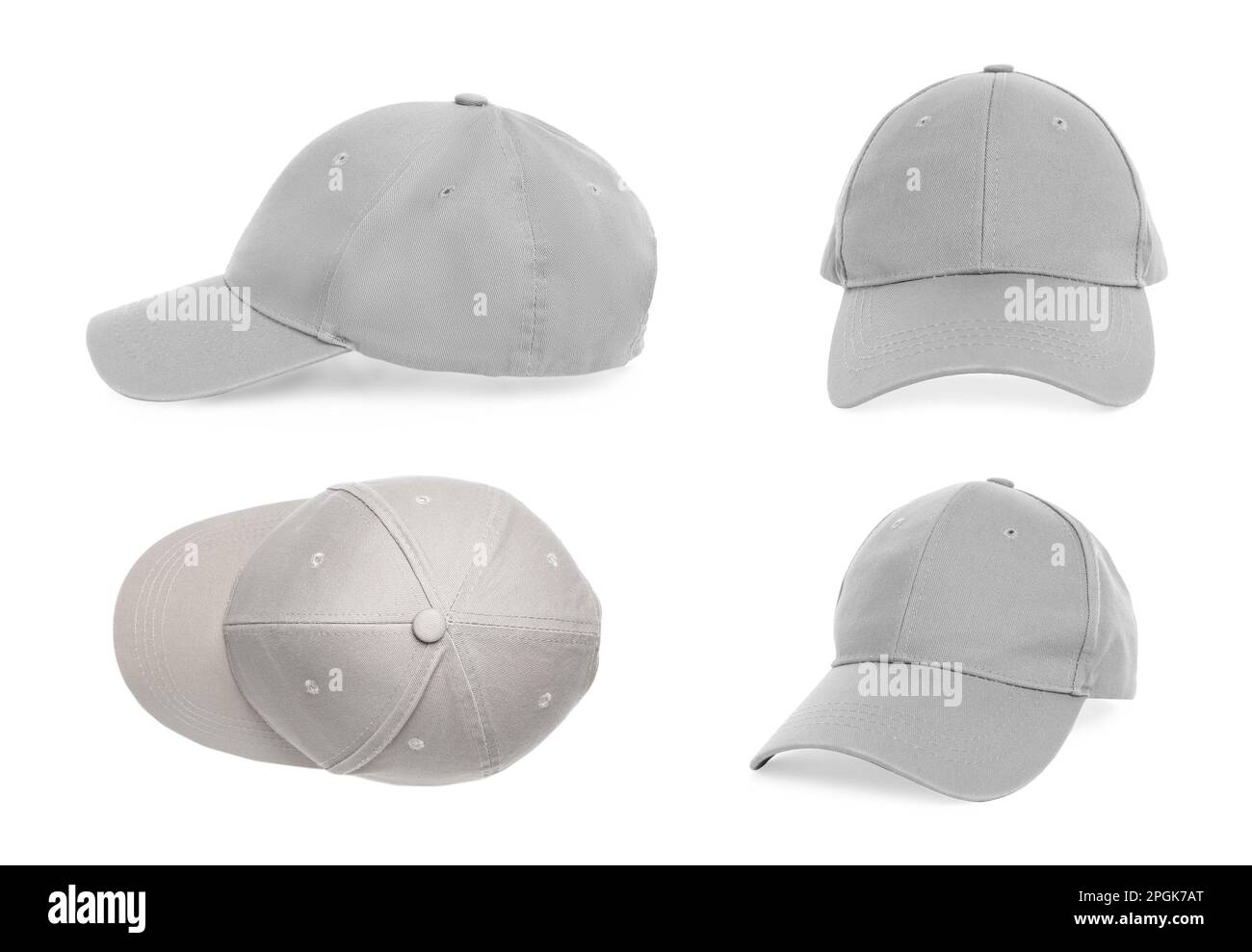 Set with stylish light grey baseball caps on white background Stock