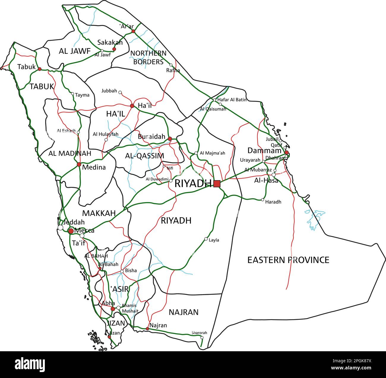 Saudi Arabia road and highway map. Vector illustration. Stock Vector