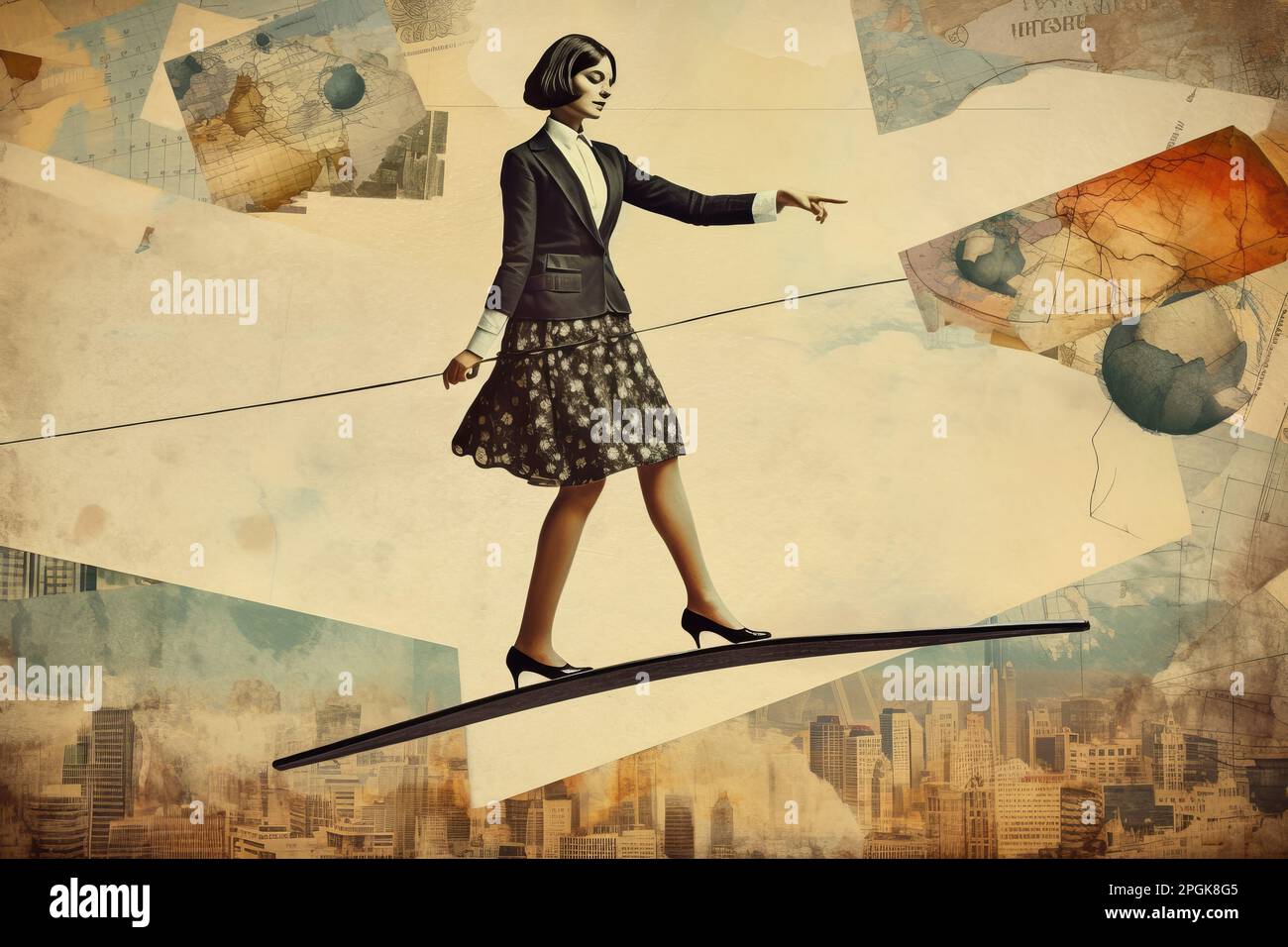 Concept of a business woman balancing on a tightrope. Generative ai Stock Photo