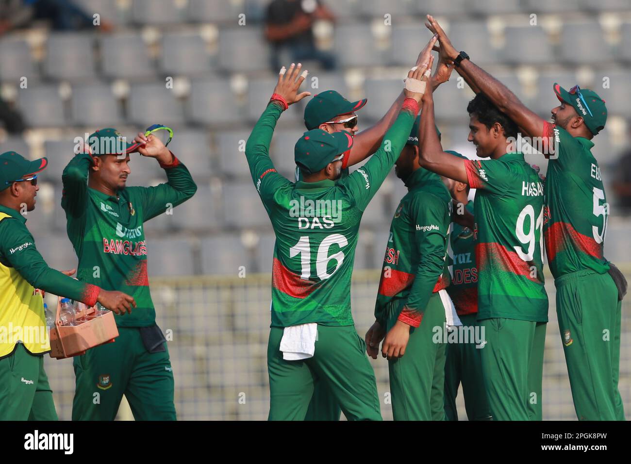 Hasan Mahmud celebrates his one of five wickets durng the Bangladesh-Ireland 3rd ODI match at Sylhet International Cricket Stadium, Lakkarura, Sylhet, Stock Photo