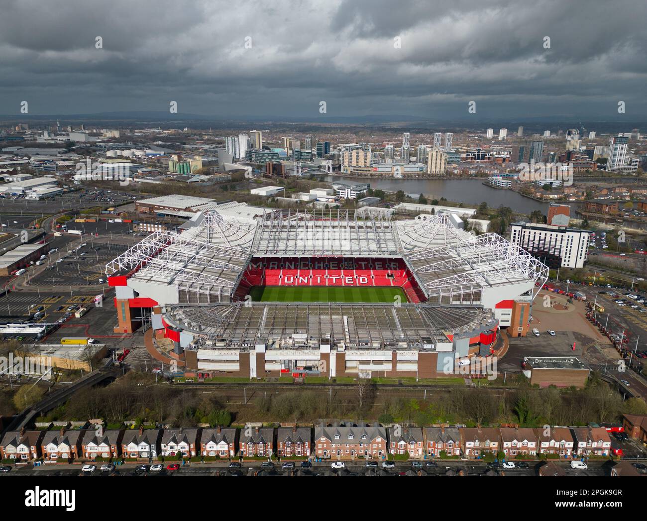 Manchester, UK, 23rd March 2023. Manchester United’s Old Trafford is seen the day after the deadline for the second round of bids for the club was extended on Wednesday. Concerns are growing among some that the Glazers could be trying to take advantage of bidders’ interest to try to push up the price to create leverage for a loan, Manchester, UK. Credit: Jon Super/Alamy Live News. Stock Photo