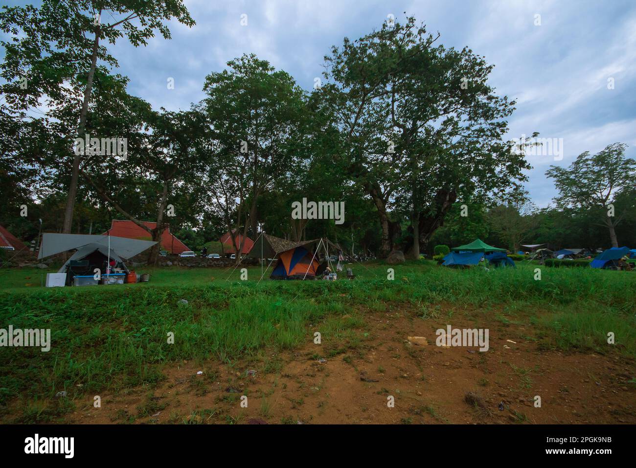 Many tents in the area with a camping atmosphere around the public