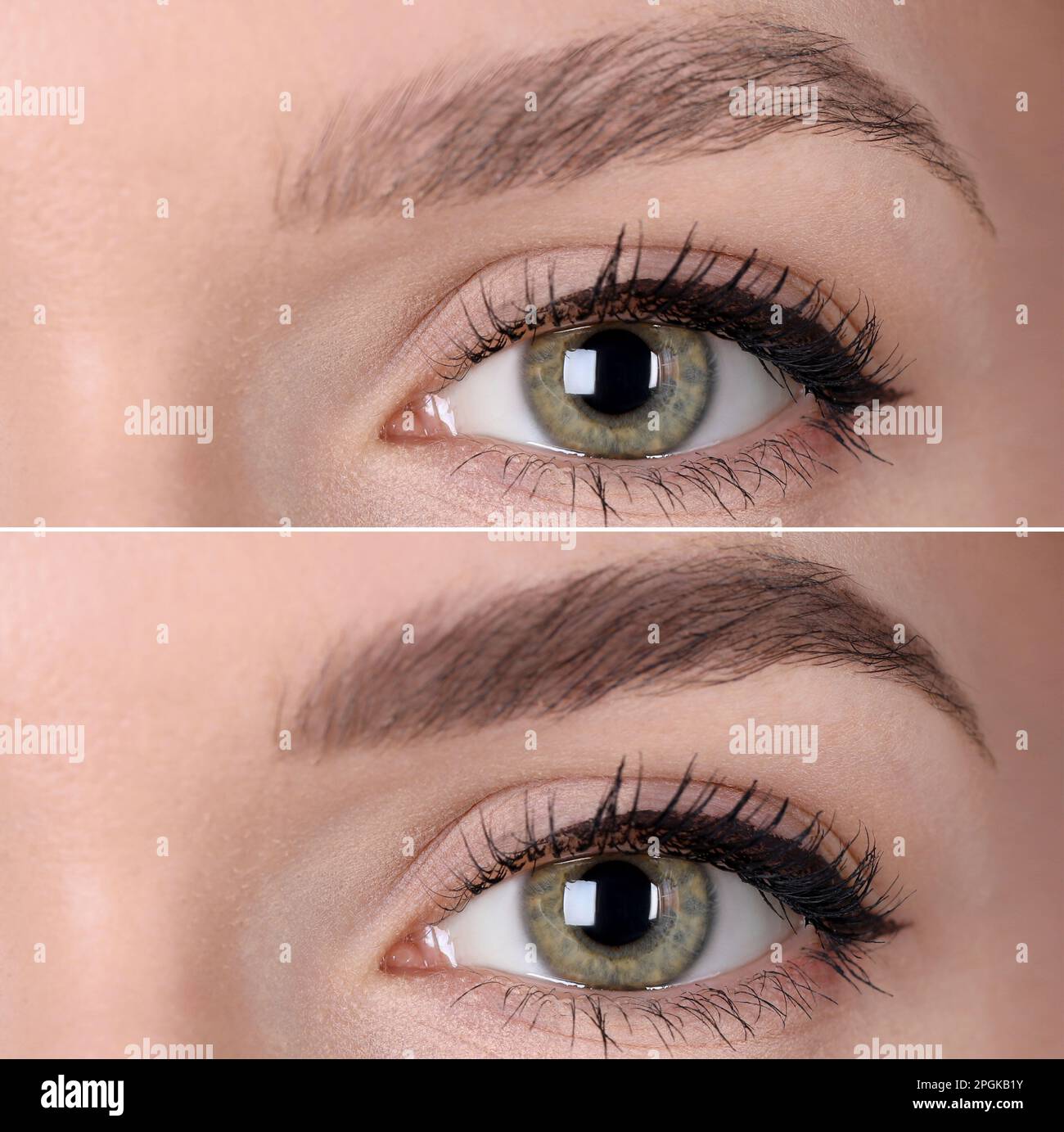 Collage with photos of young woman before and after permanent makeup