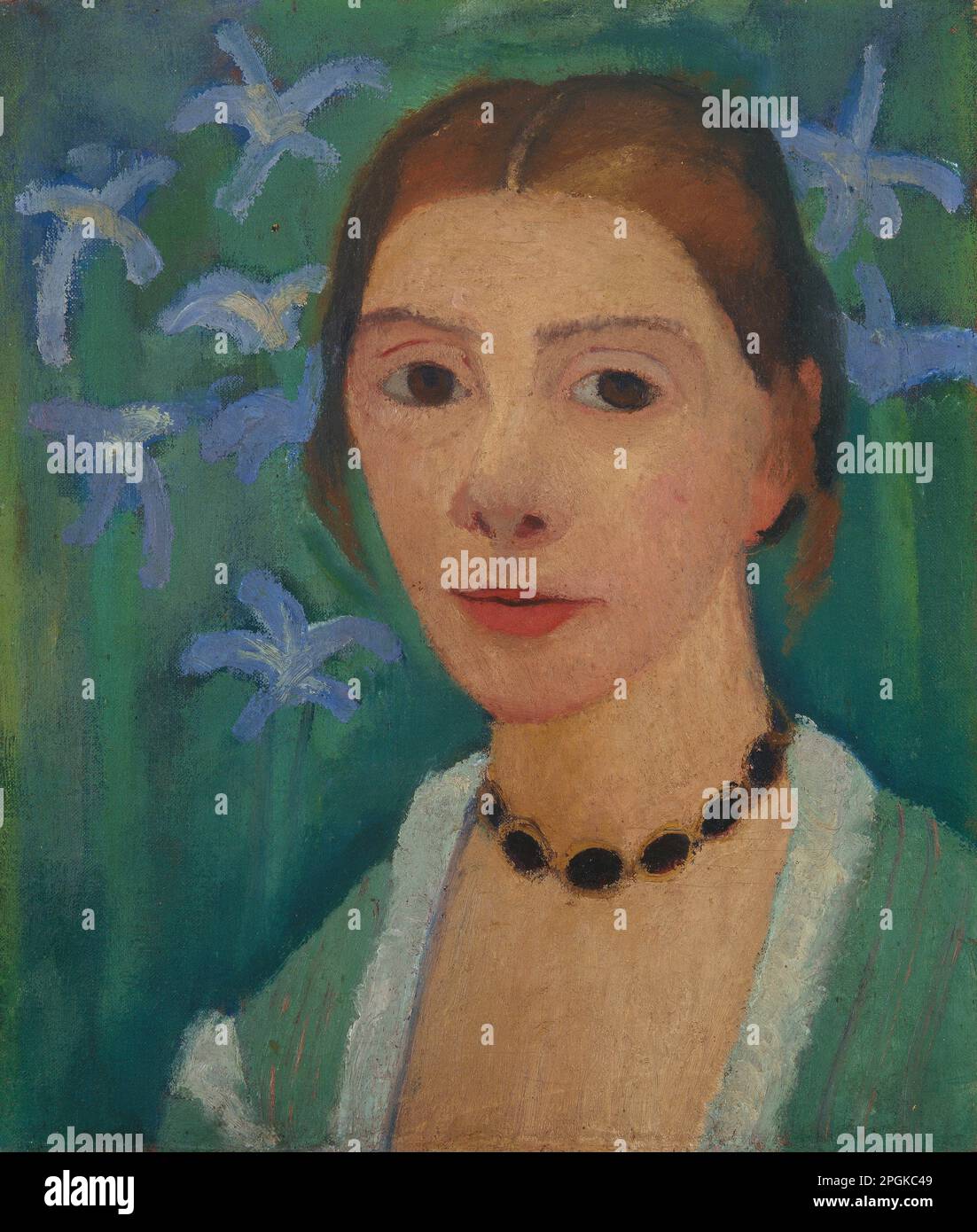Self-portrait in front of a green background with a blue iris between 1900 and 1907 by  Paula Modersohn-Becker Stock Photo