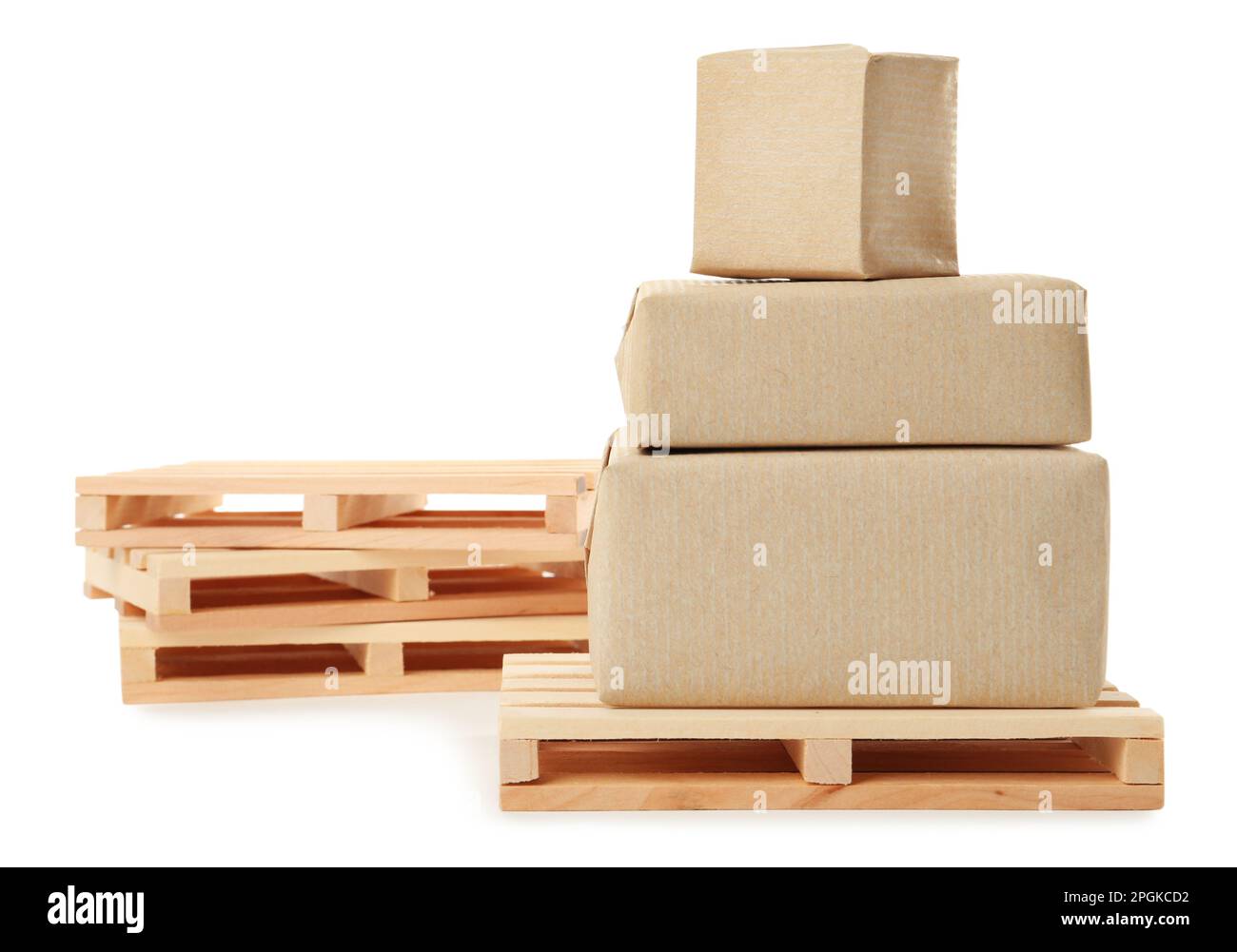 Small wooden pallets and boxes on white background Stock Photo Alamy