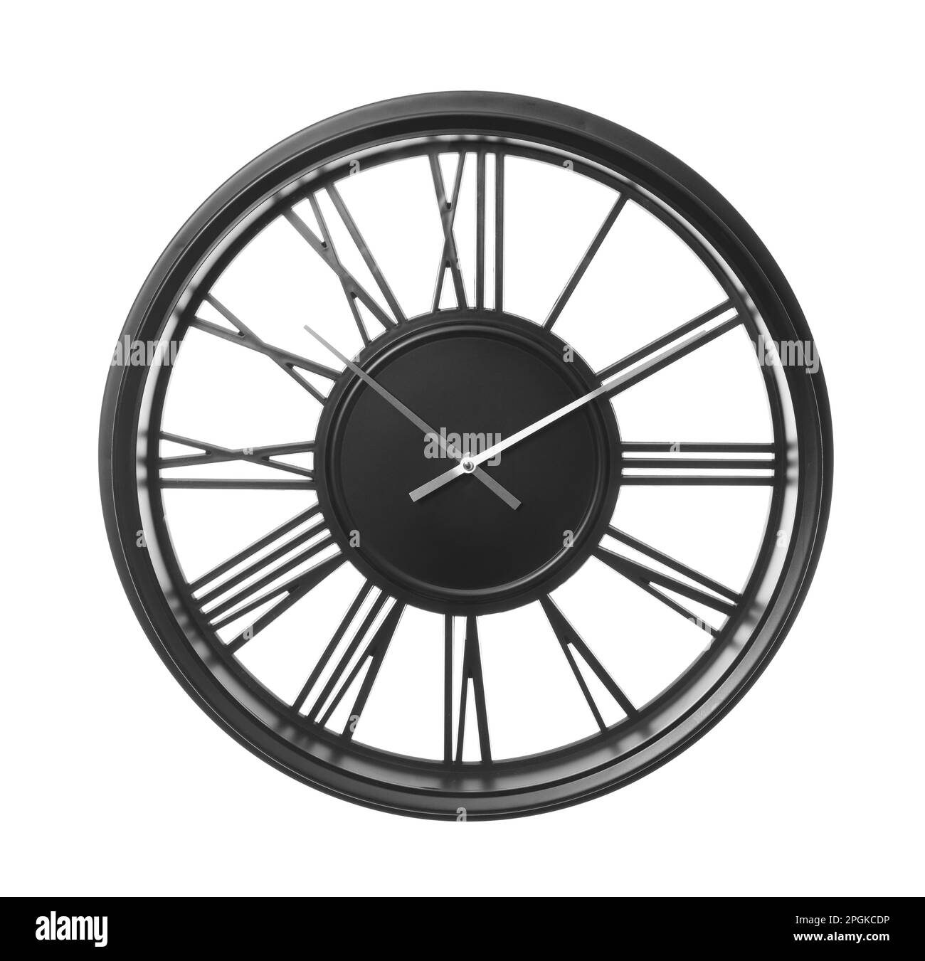 Modern black clock with Roman numerals isolated on white Stock Photo