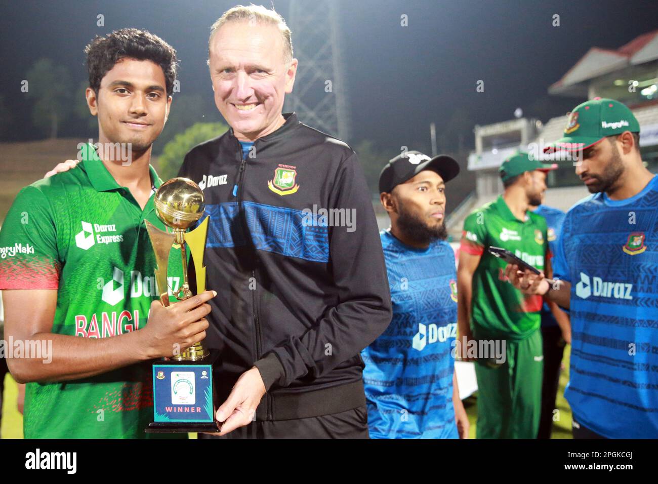 Hasan Mahmud and bowling coach Allan Donald after the Bangladesh