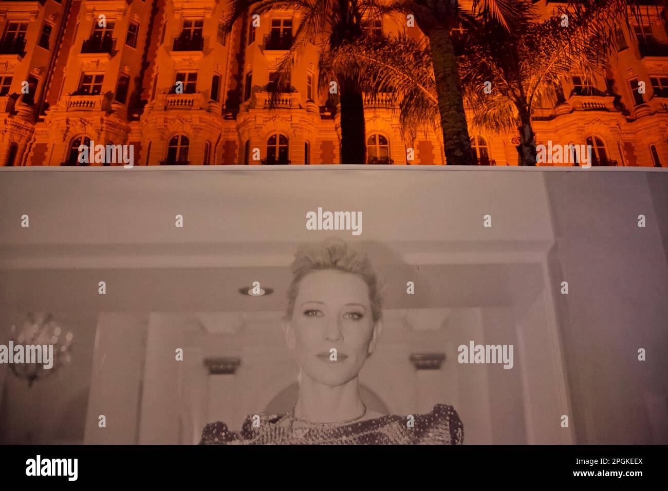 Cate Blanchett on construction wall, Hotel Carlton, La Croisette, 75th Cannes Filmfestival 2022 Stock Photo