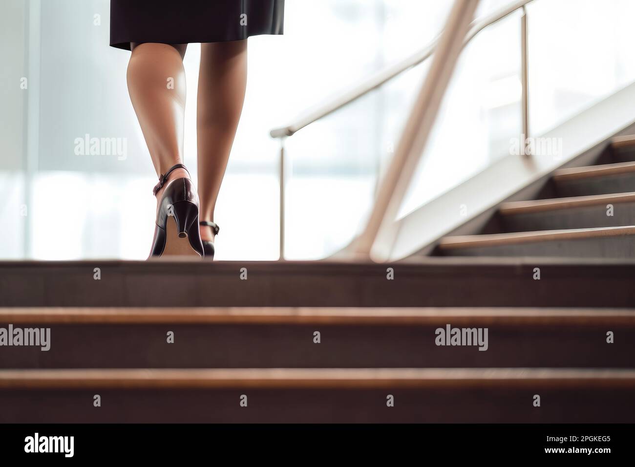 Close up of business womans feet walking up a set of stairs to reach their goals. Generative ai Stock Photo