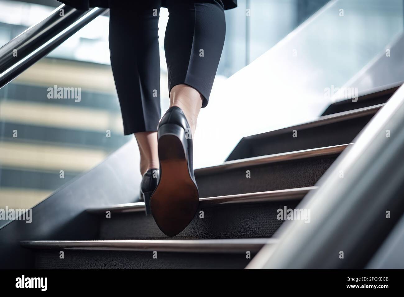 Close up of business womans feet walking up a set of stairs to reach their goals. Generative ai Stock Photo