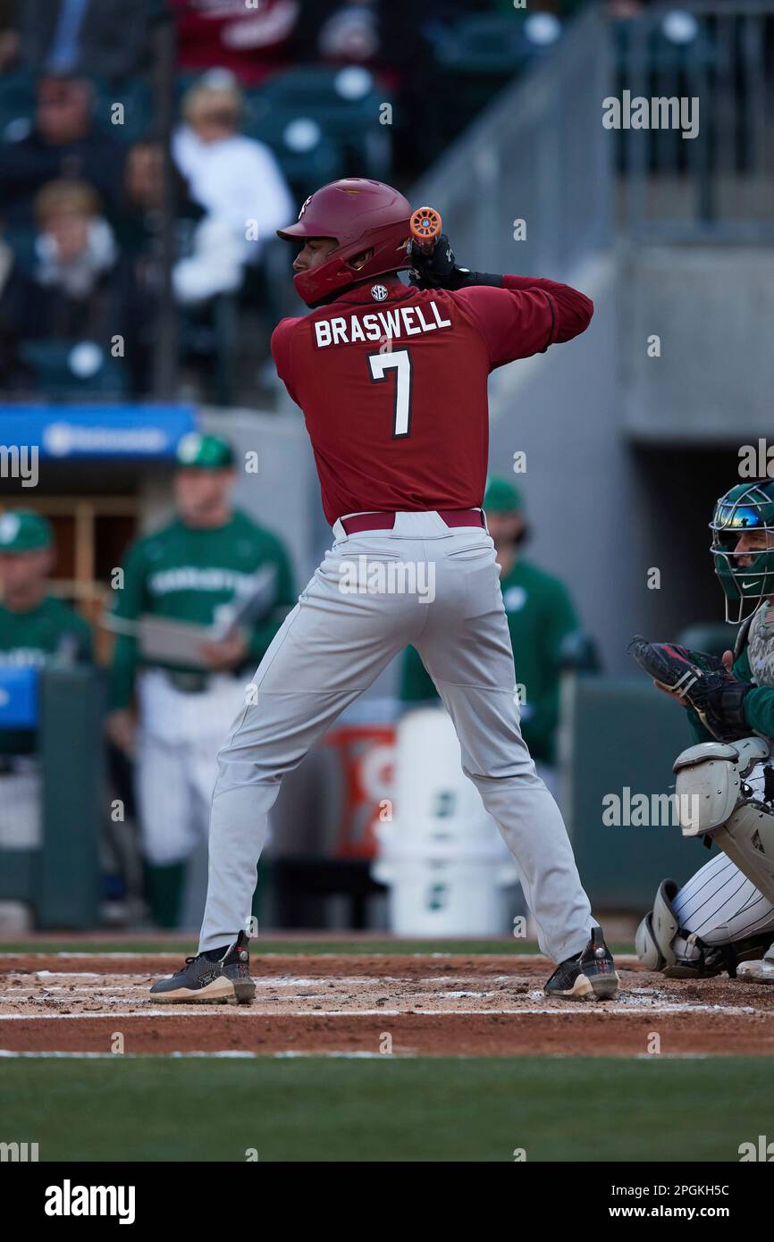 South Carolina Gamecocks third baseman Michael Braswell (7) on defense  against the Charlotte 49ers at Truist Field on March 21, 2023 in Charlotte,  North Carolina. (Brian Westerholt/Four Seam Images via AP Stock