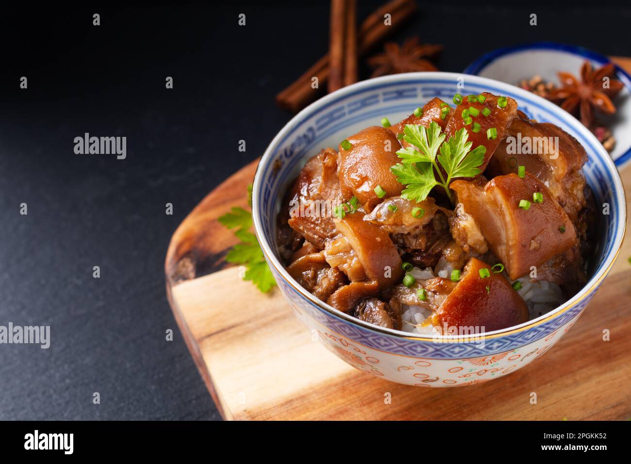 Food concept Spot focus Homemade Asian 5 spice braised pork and rice on ...