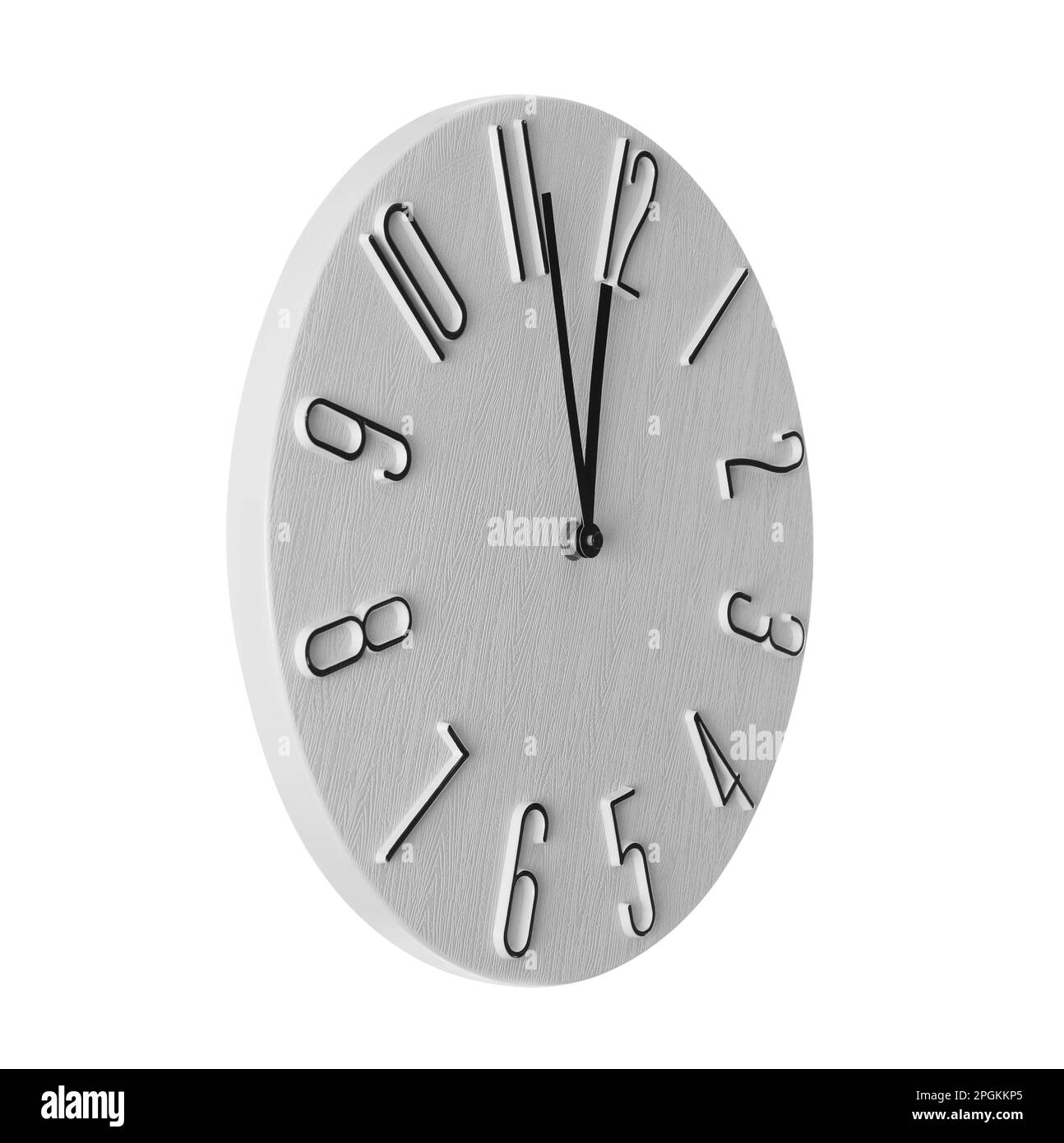 Clock showing five minutes until midnight on white background. New Year