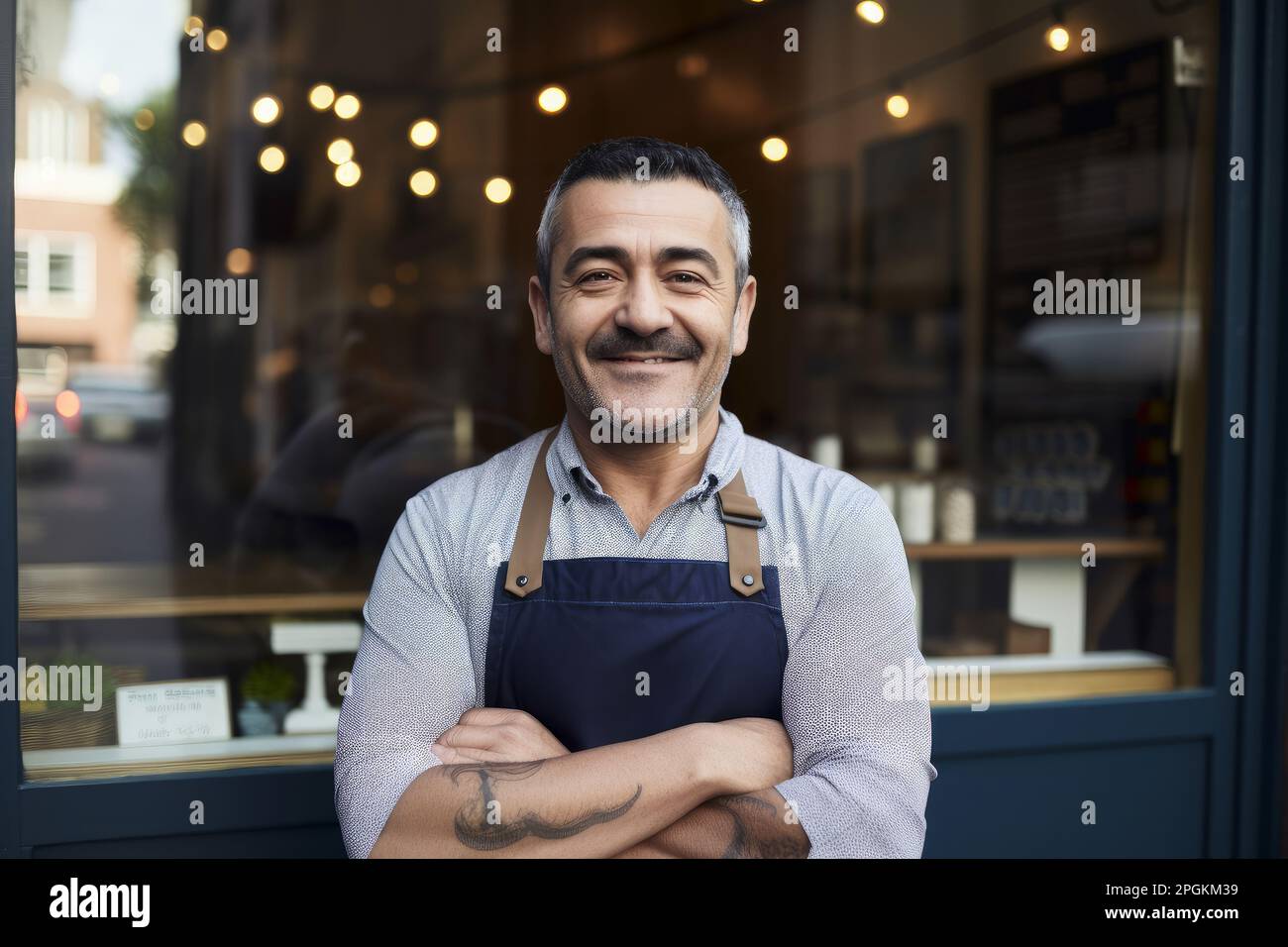 A small business owner wearing an apron stood outside their shop. Generative ai Stock Photo