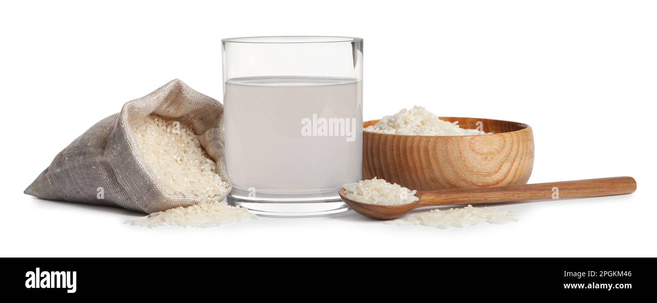 Homemade natural rice water and grains on white background Stock Photo ...