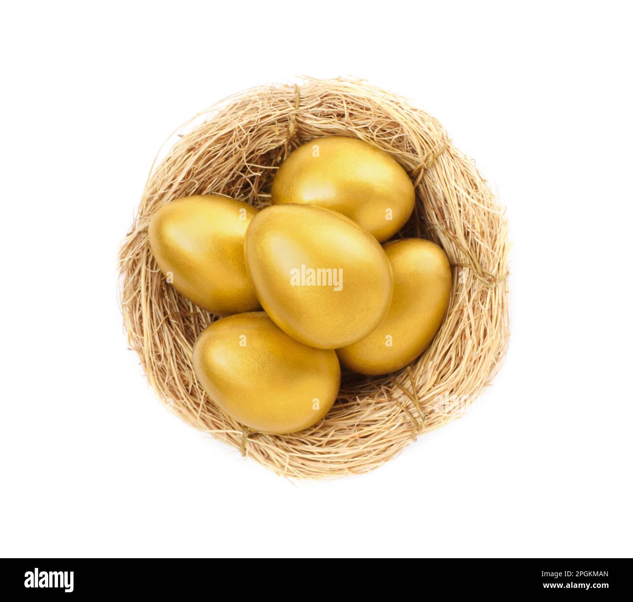 Shiny golden eggs in nest on white background, top view Stock Photo - Alamy