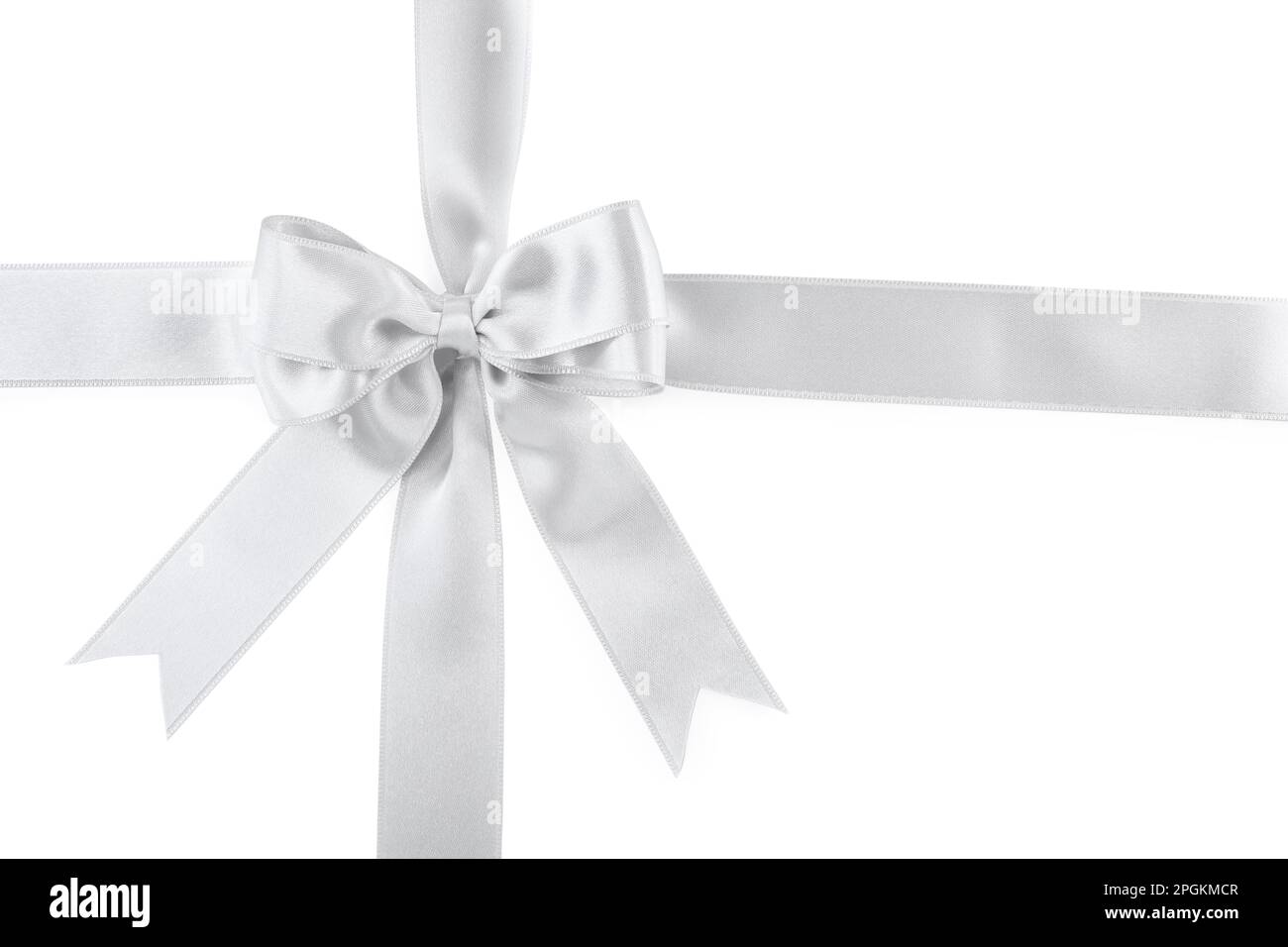 Silver satin ribbons with bow on white background, top view Stock Photo ...