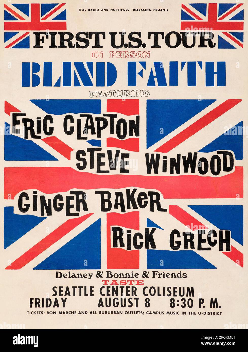 Blind Faith feat Eric Clapton, Steve Winwood, Ginger Baker, Rick Grech 1969 - Seattle Center Coliseum, Washington Concert Poster. Stock Photo