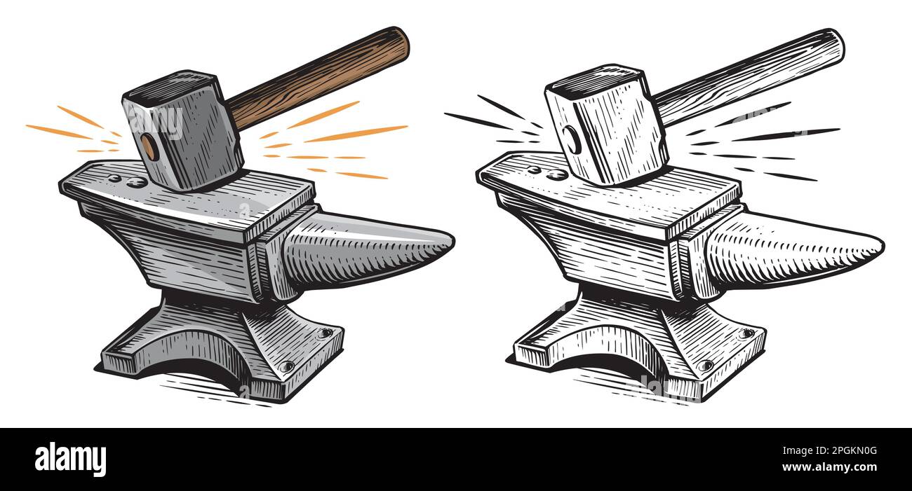Hammer strikes the anvil, sparks. Blacksmith craft concept. Metal