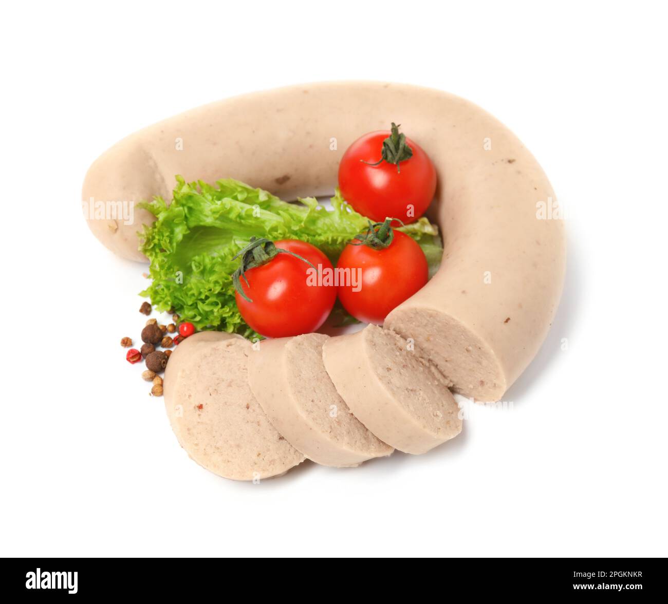 Delicious liver sausage, tomatoes, lettuce and peppercorns on white
