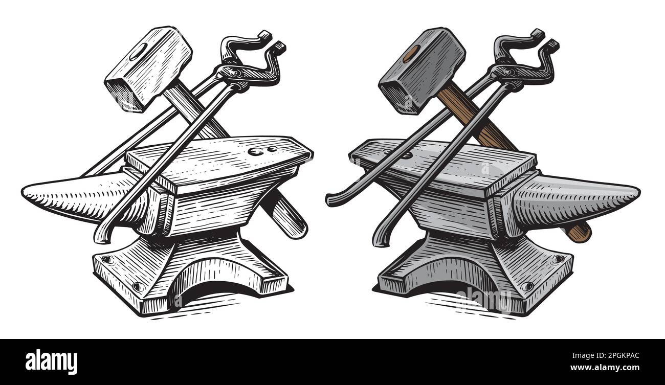 Blacksmith craft concept. Anvil, hammer, tongs. Metal working tools. Hand drawn sketch vintage vector illustration Stock Vector