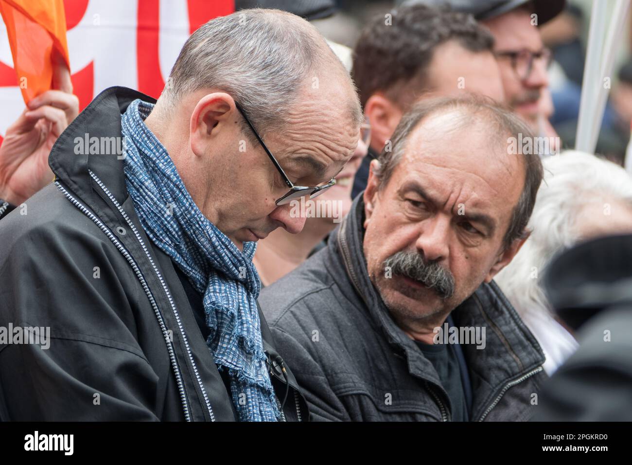 Paris, France, 23th March, 2023. Trade unionists Philippe Martinez and Laurent Berger - Jacques Julien/Alamy Live News Stock Photo