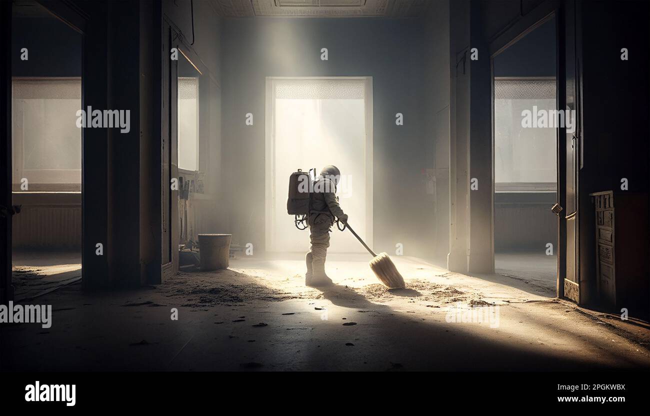 Dramatic scene of a scientist cleaning an old, dusty, empty room with