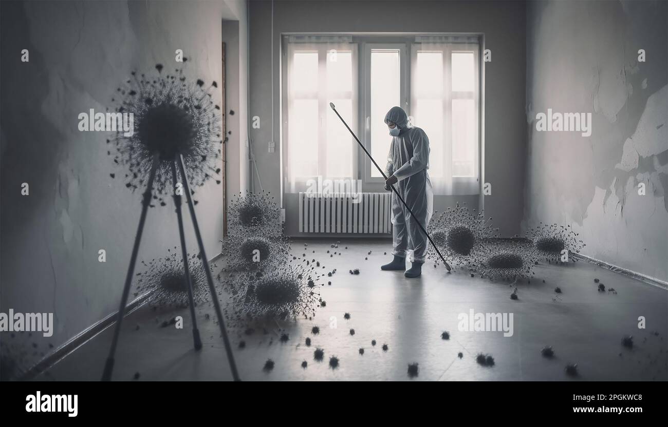 Dramatic scene of a scientist cleaning an old, dusty, empty room with