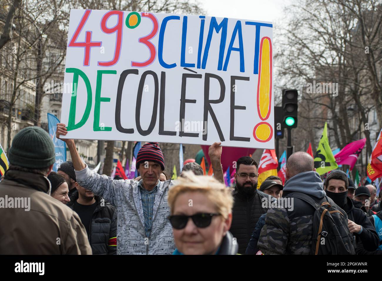 Paris, France, 23th March, 2023. A protester with a placard against pension reform - Jacques Julien/Alamy Live News Stock Photo