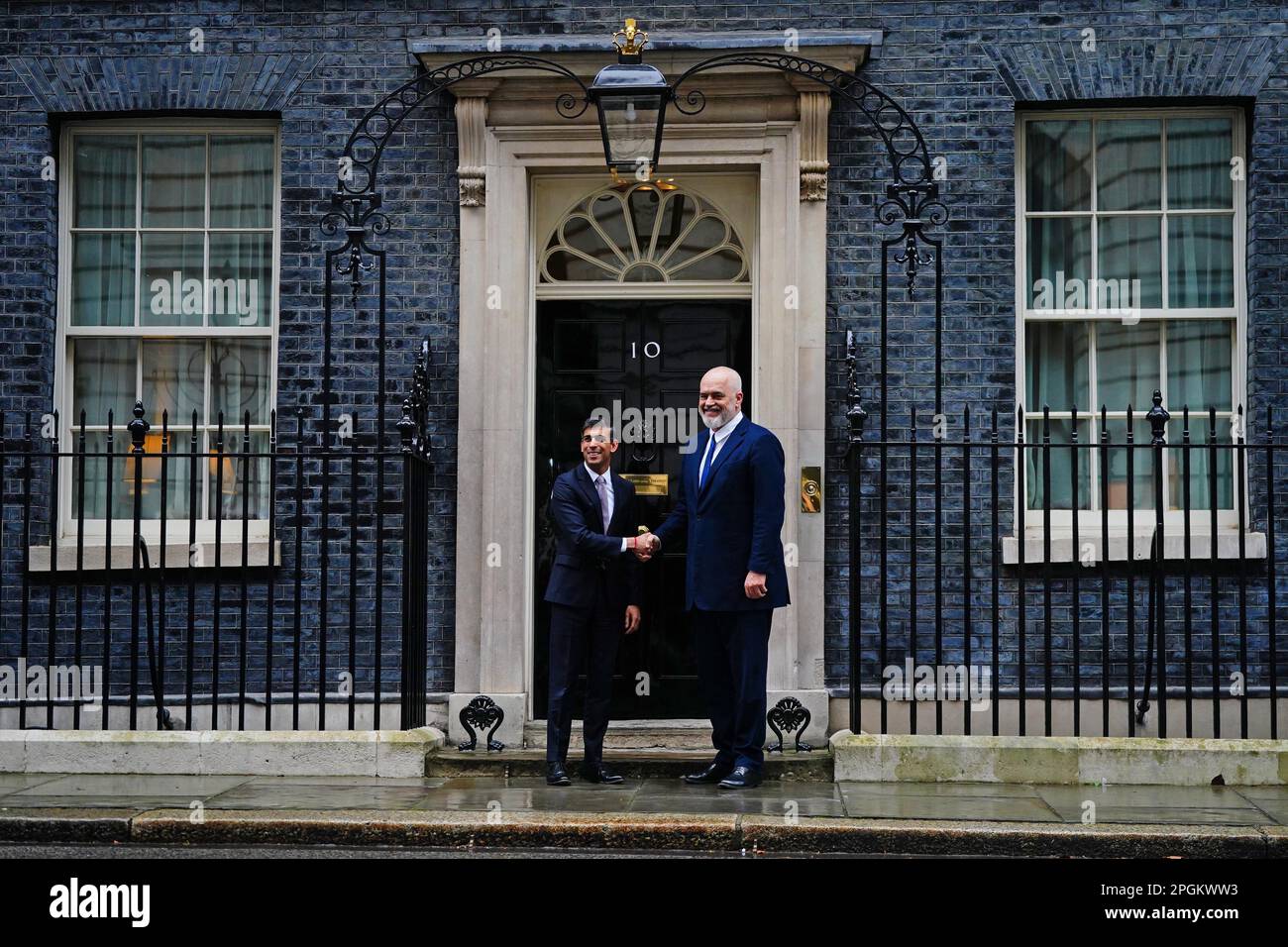Prime Minister Rishi Sunak (left) welcomes the Albanian Prime Minister Edi Rama to 10 Downing Street, London, ahead of their meeting. Stock Photo