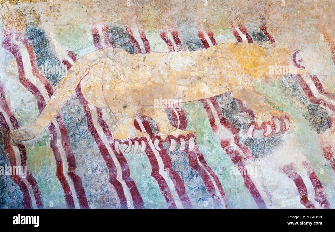Mural of a jaguar along the Avenue of the dead in Teotihuacan, Mexico City, Mexico. Stock Photo