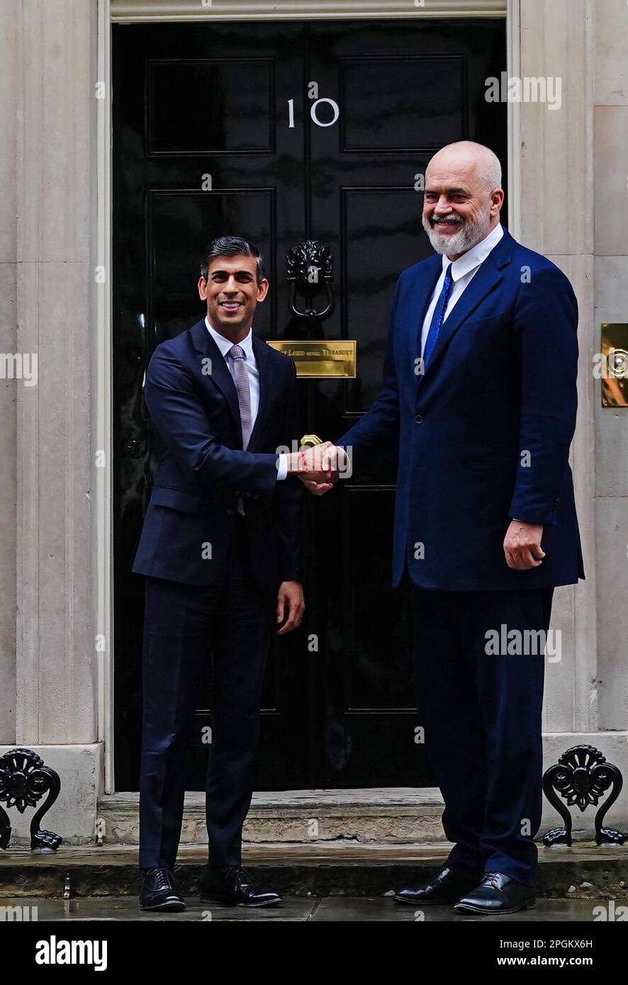 Prime Minister Rishi Sunak (left) welcomes the Albanian Prime Minister Edi Rama to 10 Downing Street, London, ahead of their meeting. Stock Photo