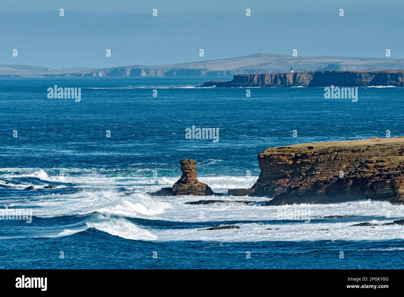 The Tower o'Men o'Mey sea stack at St. John's Point, Caithness, Scotland, UK.  Behind is the Island of Stroma and beyond that South Ronaldsay, Orkney. Stock Photo